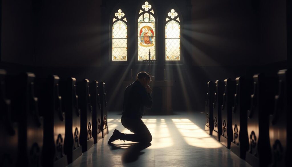 A serene, dimly lit chapel interior, with a stained glass window casting warm, ethereal light. In the foreground, a lone figure kneels in prayer, hands clasped, head bowed, their expression one of earnest supplication. Soft rays of light illuminate the figure, creating a halo-like effect. The middle ground features wooden pews, their ornate carvings casting gentle shadows. The background depicts a simple, understated altar, adorned with a simple cross and a single flickering candle, symbolizing hope and the divine presence. The overall atmosphere is one of reverence, tranquility, and a profound sense of seeking solace and restoration through faith.